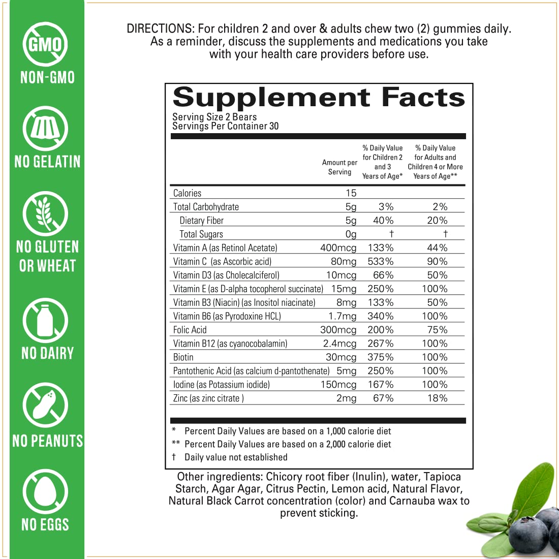 Packaging Wellvites Kids Multivitamin Gummies, étiquetage végan et sans OGM.