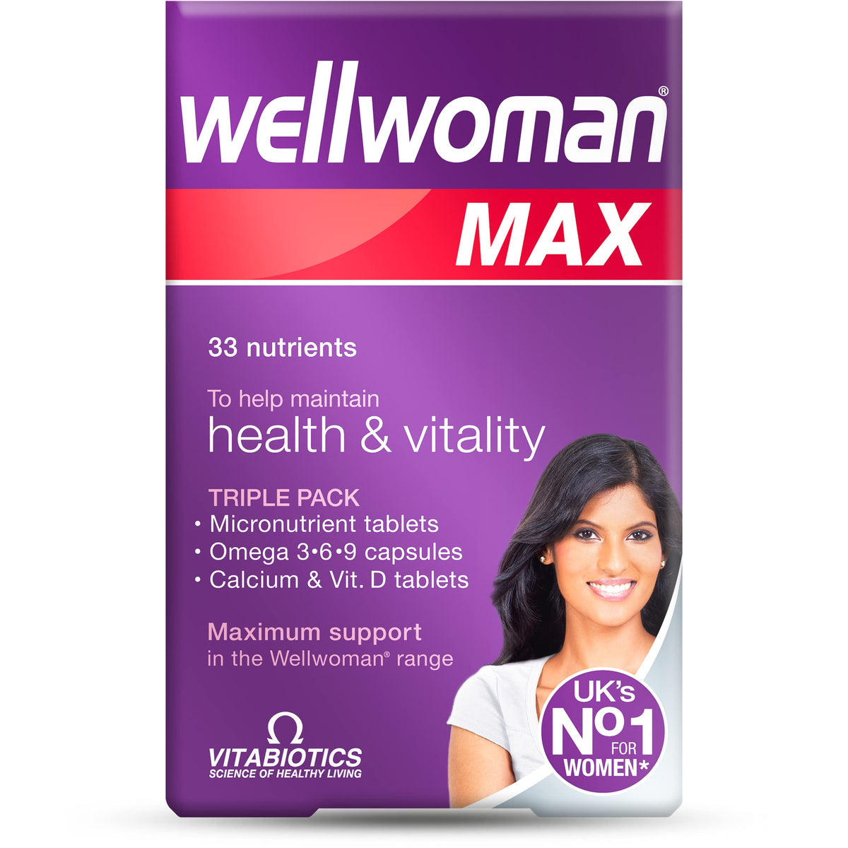 Wellwoman Max – bouteille visible, soutien nutritionnel quotidien pour femmes actives.