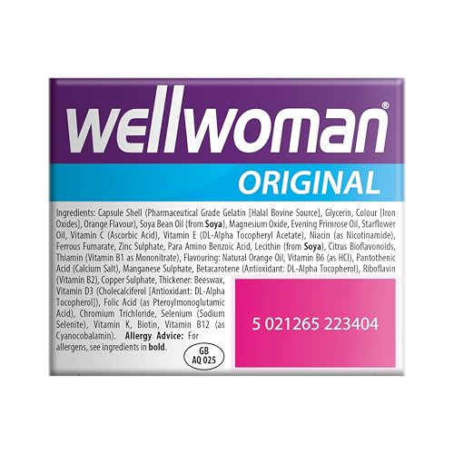Wellwoman Original Caps – étiquette lisible avec détails des nutriments soutenant l'énergie.