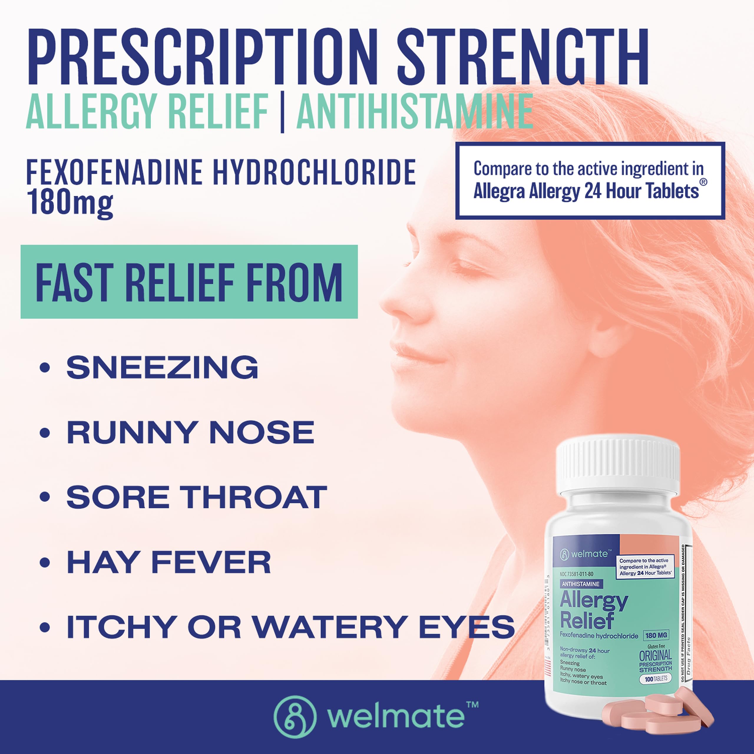 WelMATE Allergy Relief comprimés 180 mg faciles à avaler pour une prise simple