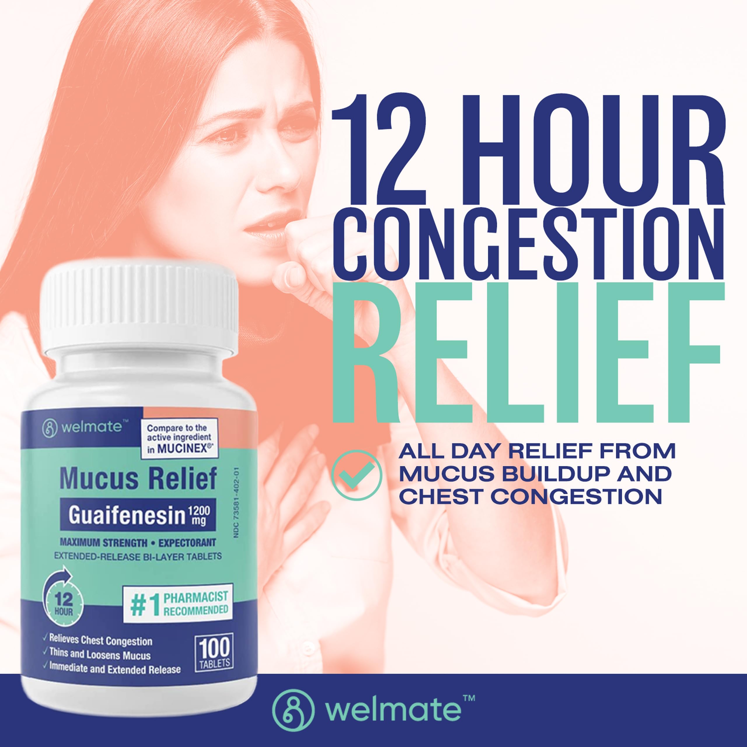 Welmate bouteille tablettes mucus relief, prise simple et action jusqu'à 12 heures.