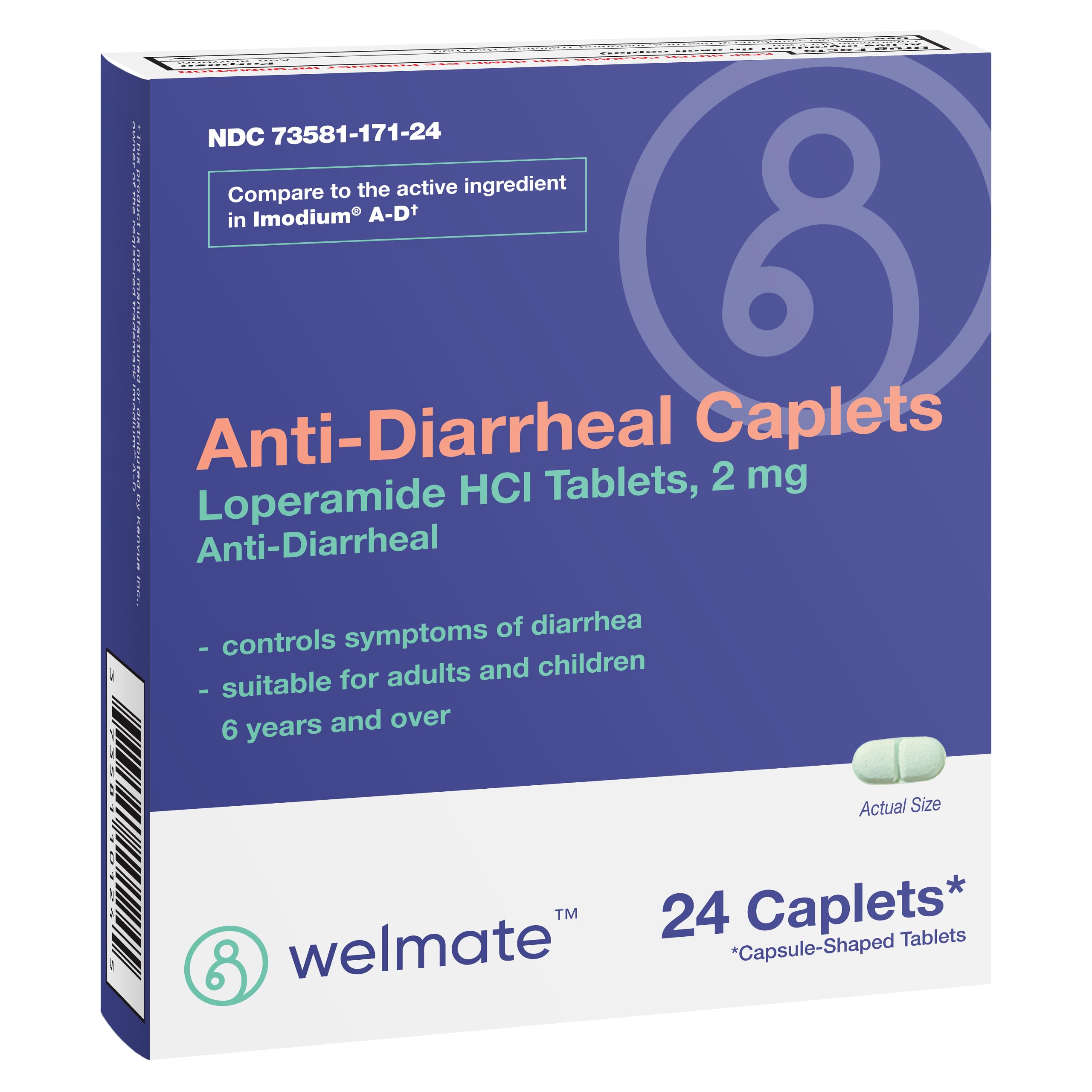 Welmate caplets antidiarrhéiques – emballage visible offrant un soulagement rapide après diarrhée.