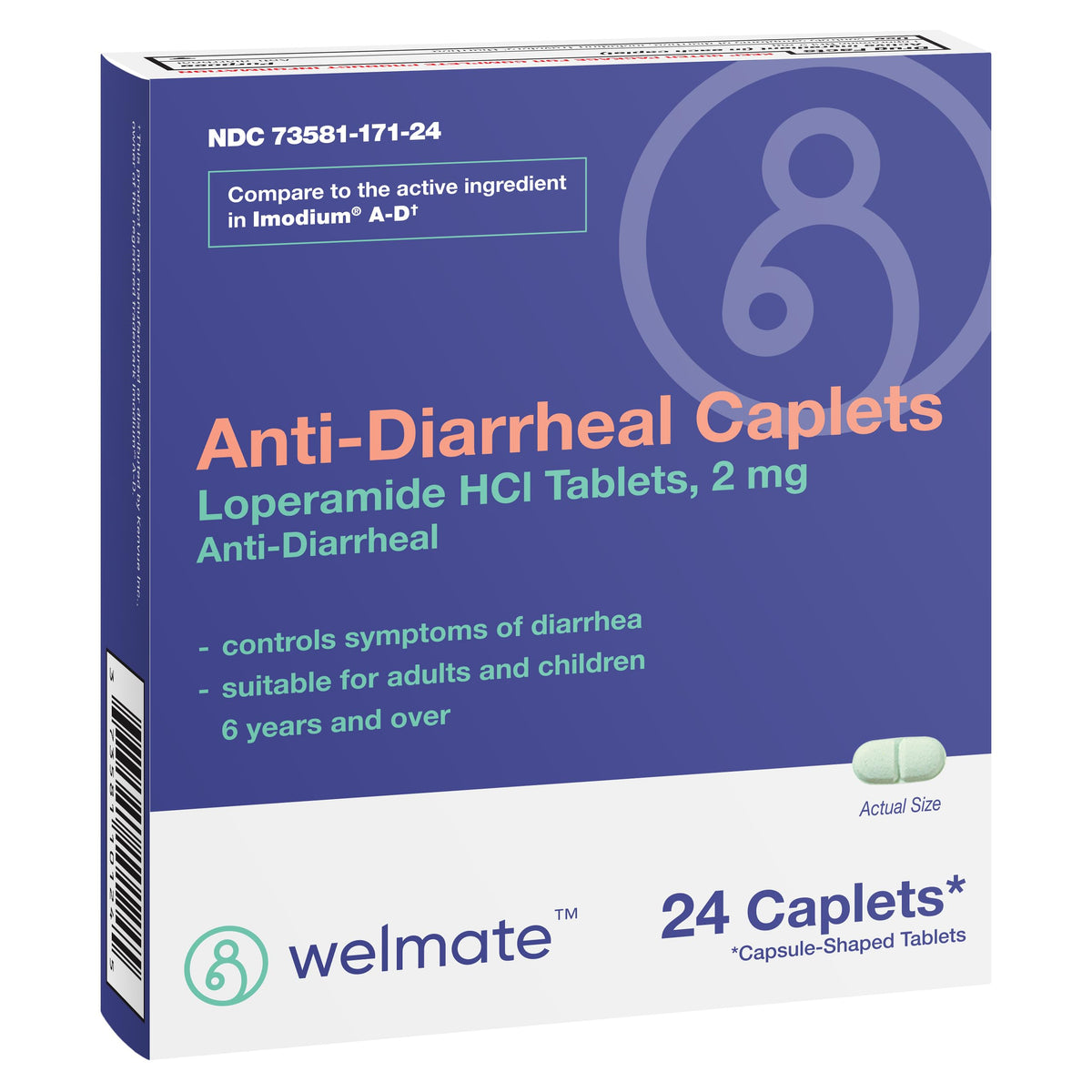 Welmate caplets antidiarrhéiques – emballage visible offrant un soulagement rapide après diarrhée.