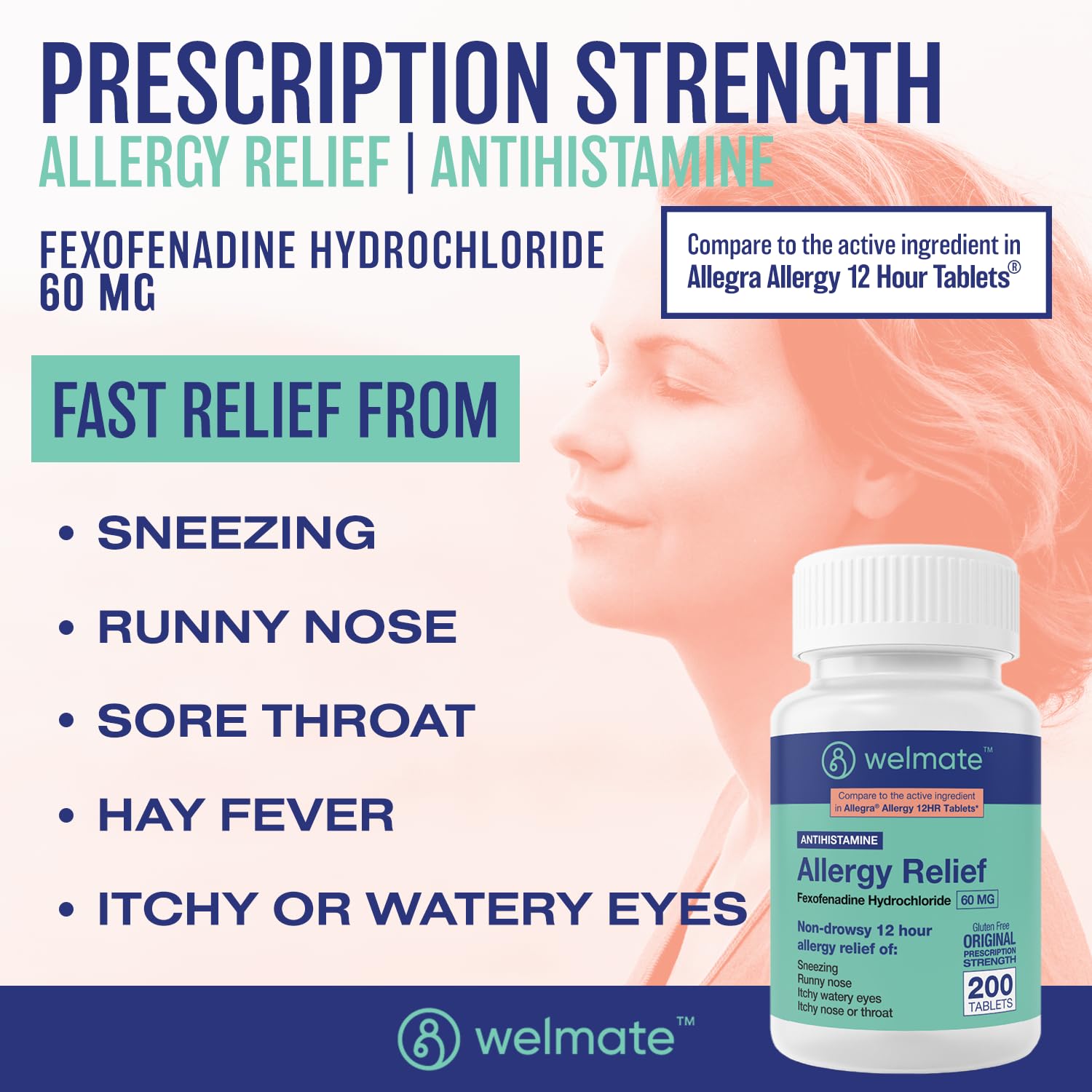 WELMATE Fexofenadine 60 mg: comprimés faciles à prendre, 12 heures de protection.