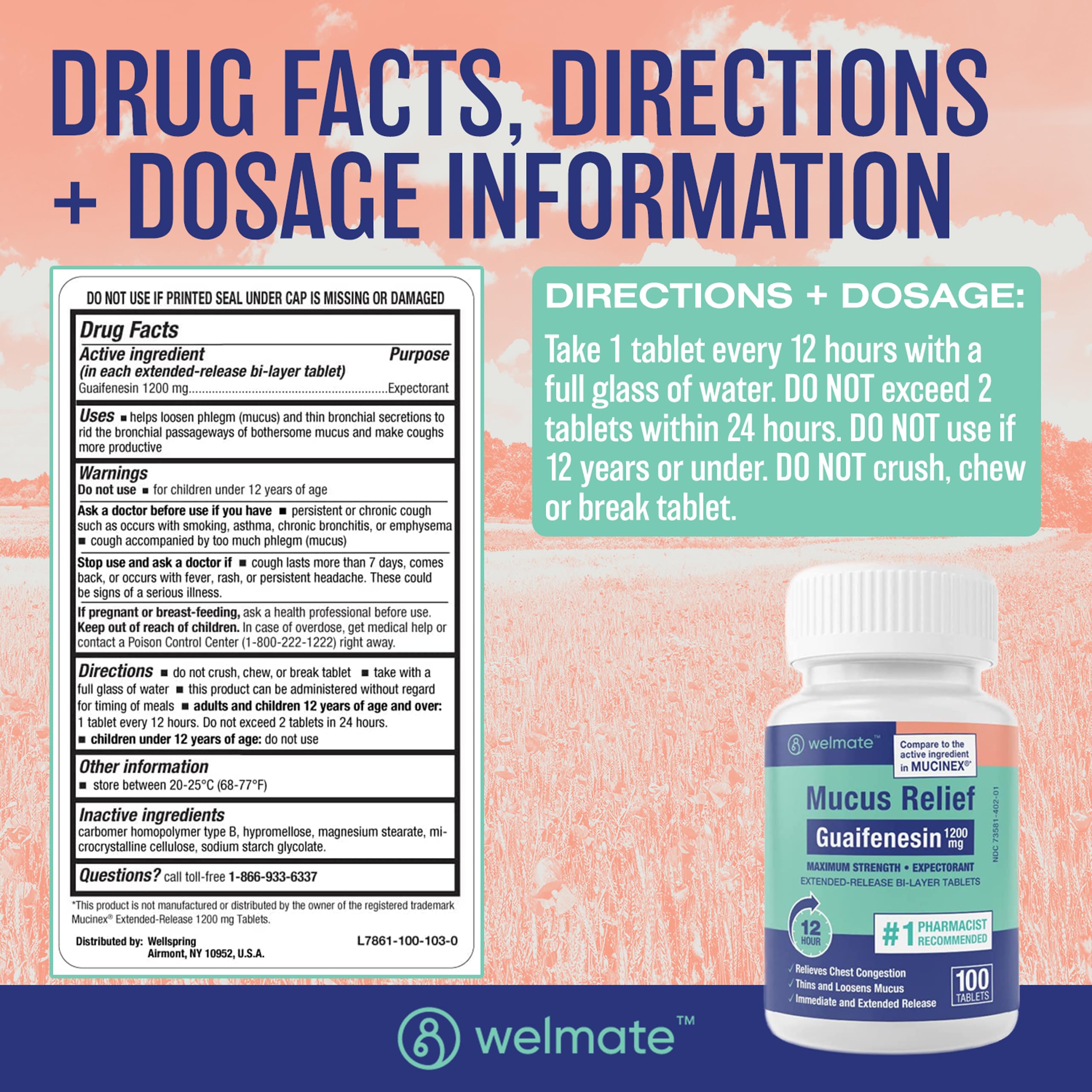 Welmate emballage tablettes mucus relief, visuel clair et accessible.