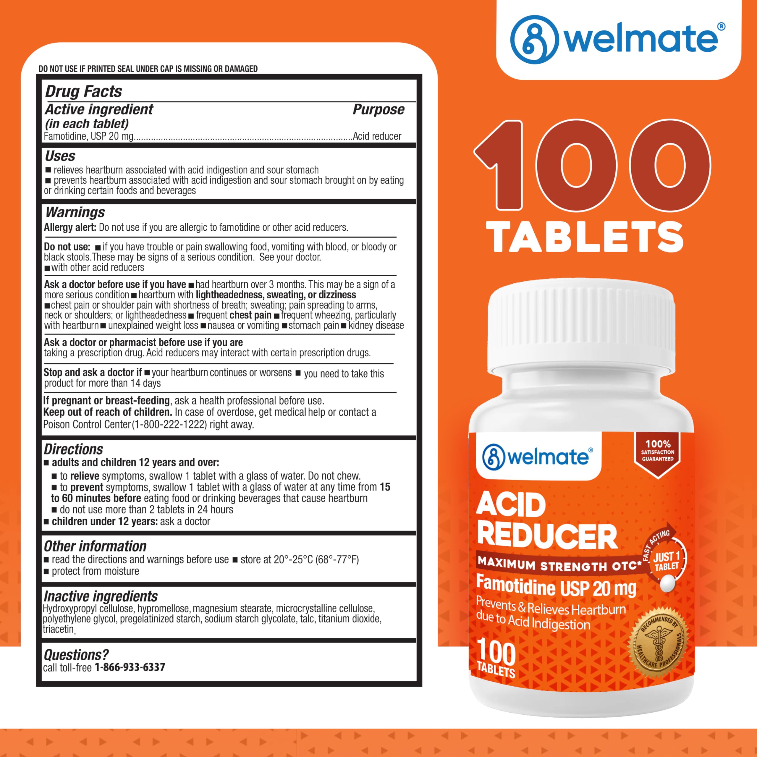 WELMATE Famotidine 20 mg – boîte ouverte montrant les comprimés.