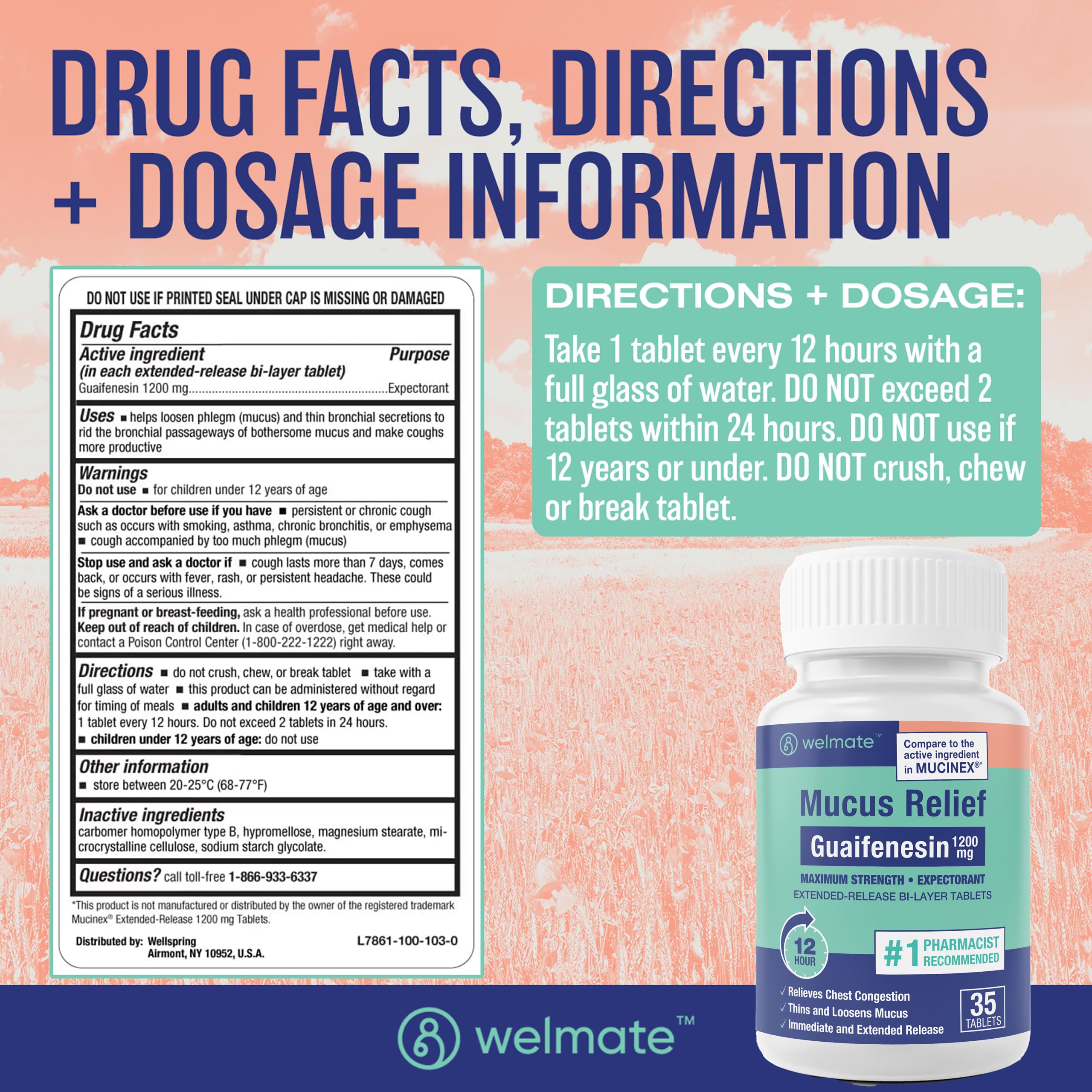 Welmate Guaifenesin 1200 mg: tablettes, action rapide sur le mucus.