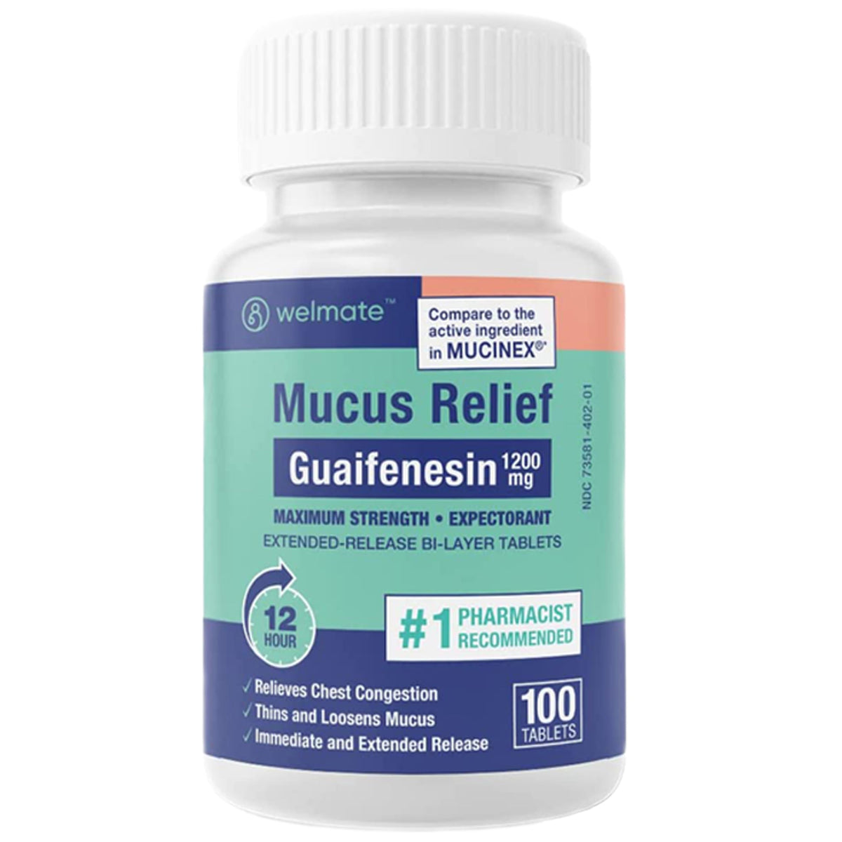 Welmate tablettes mucus relief, boîte 100, aide à alléger la congestion.