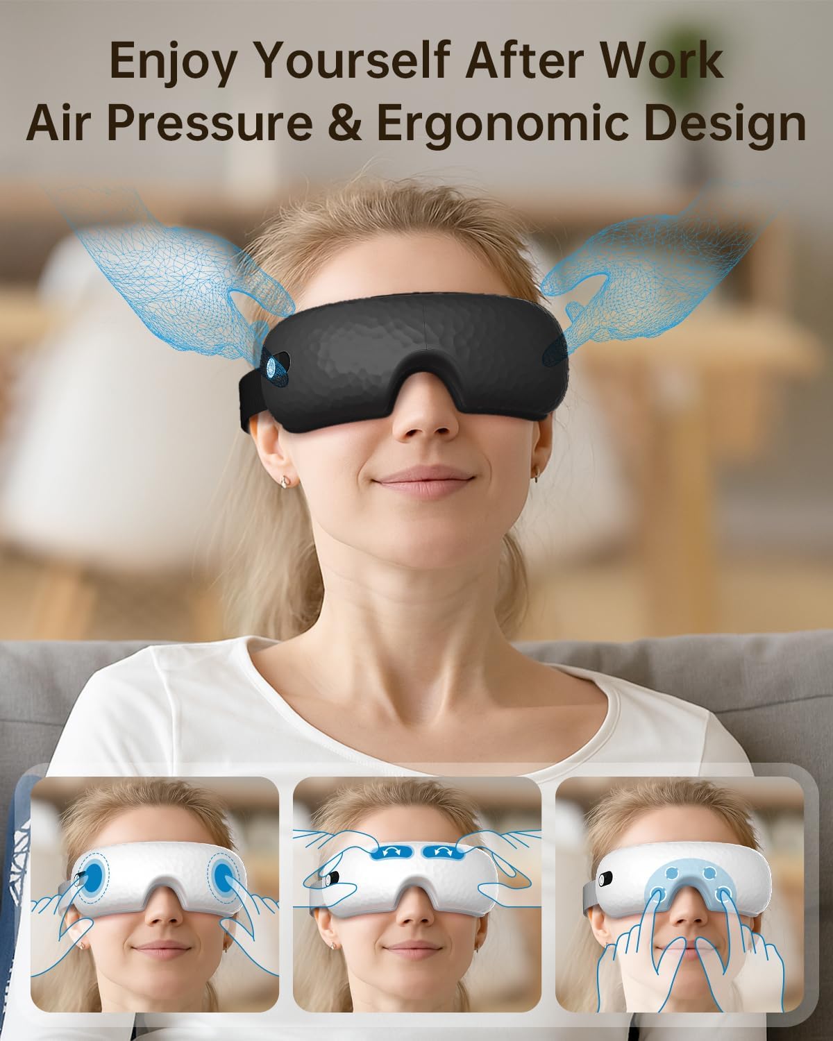 Masseur yeux WERTYI avec Bluetooth et musique intégrée pour relaxation.