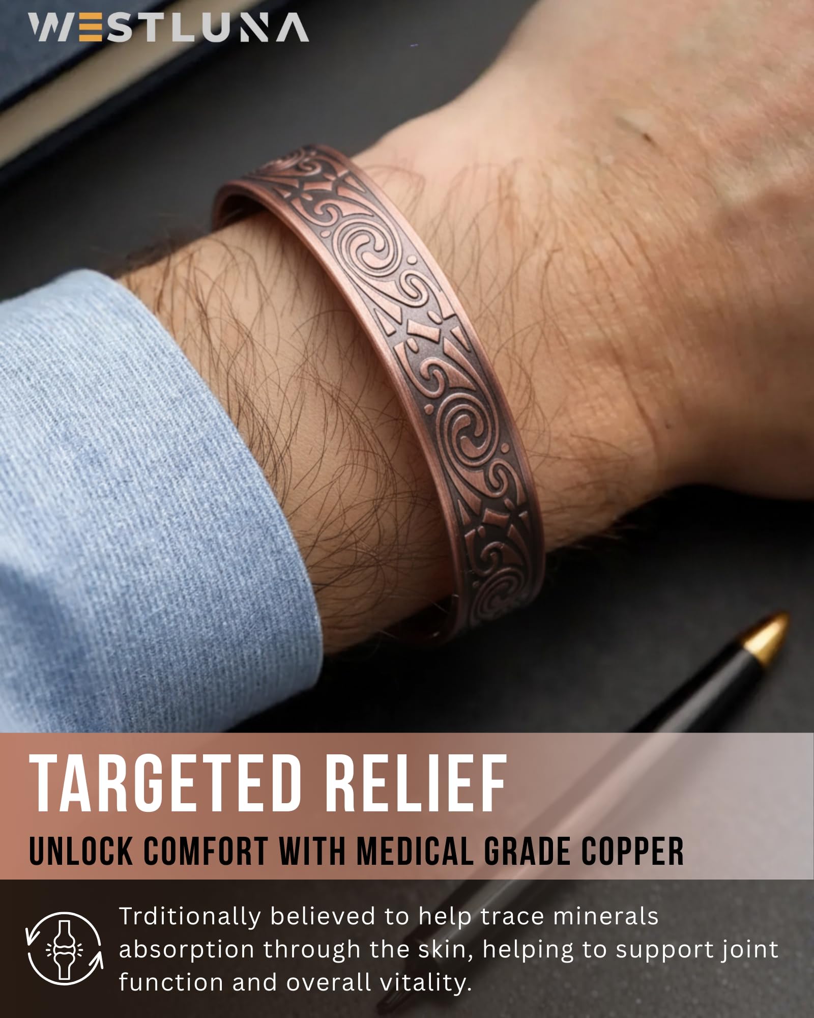 WestLuna bracelet cuivre magnetisme detail, aimants puissants pour un confort potentiel.