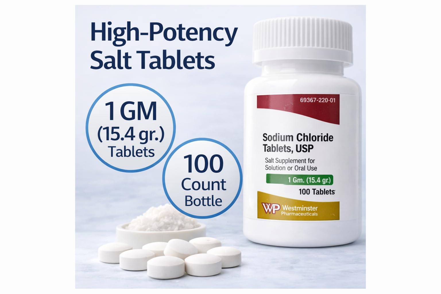 Tablettes chlorure de sodium Westminster avec rainure centrale facilitant le dosage