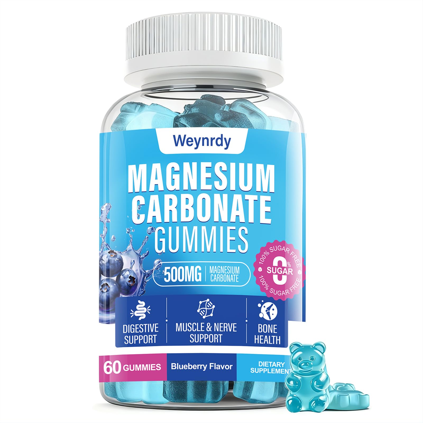 Gommes Weynrdy magnésium-carbonate dans une bouteille, soutien digestif quotidien.