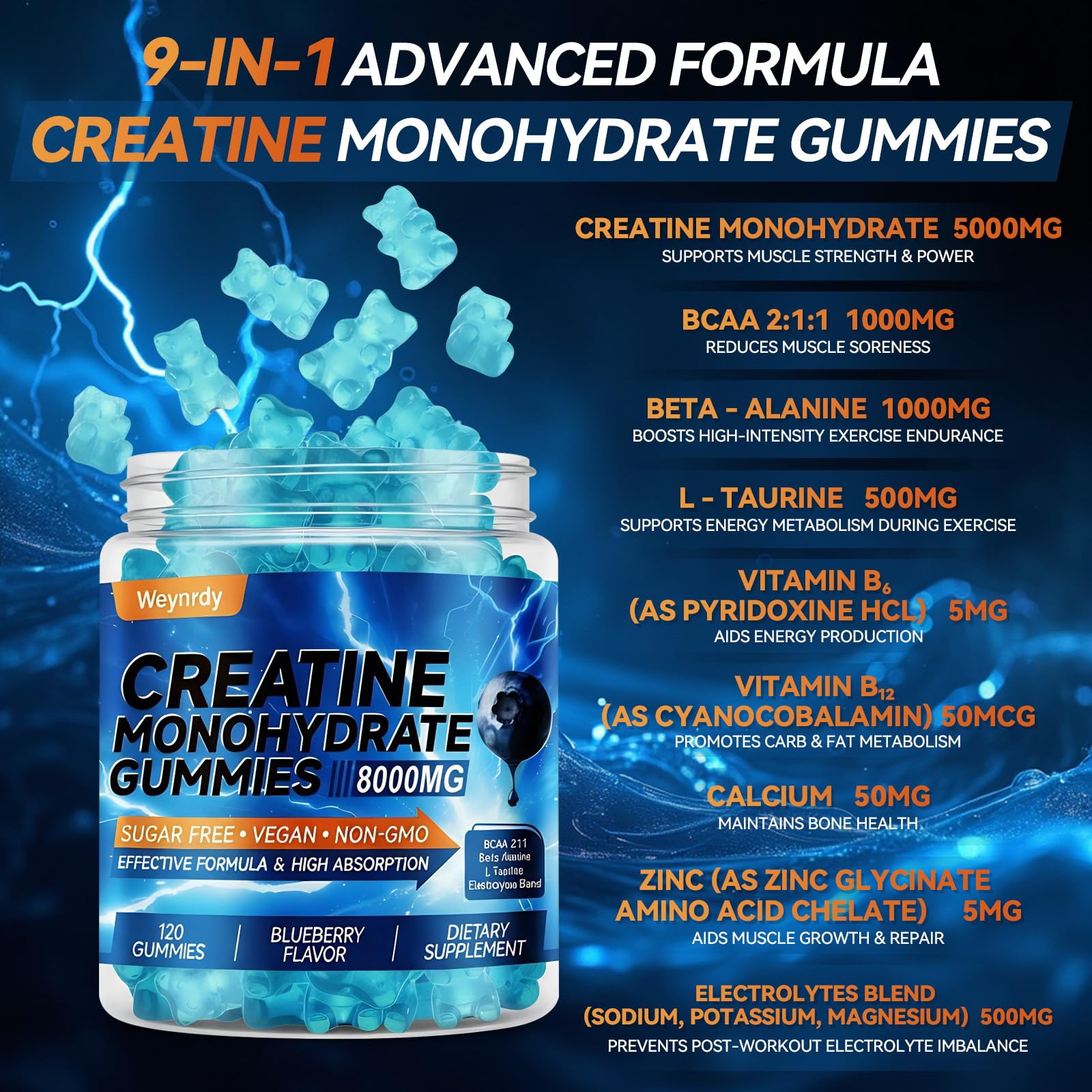 Gommes Weynrdy créatine bleuet, saveur naturelle et absorption efficace.