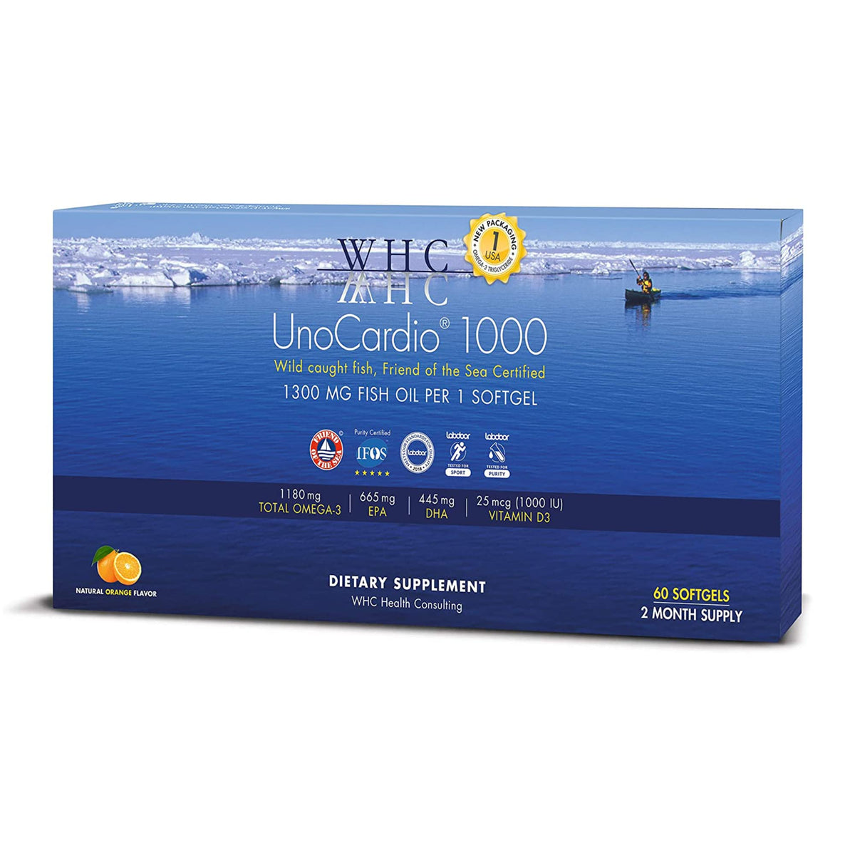 Bouteille WHC UnoCardio 1000 d'huile de poisson, arôme orange.