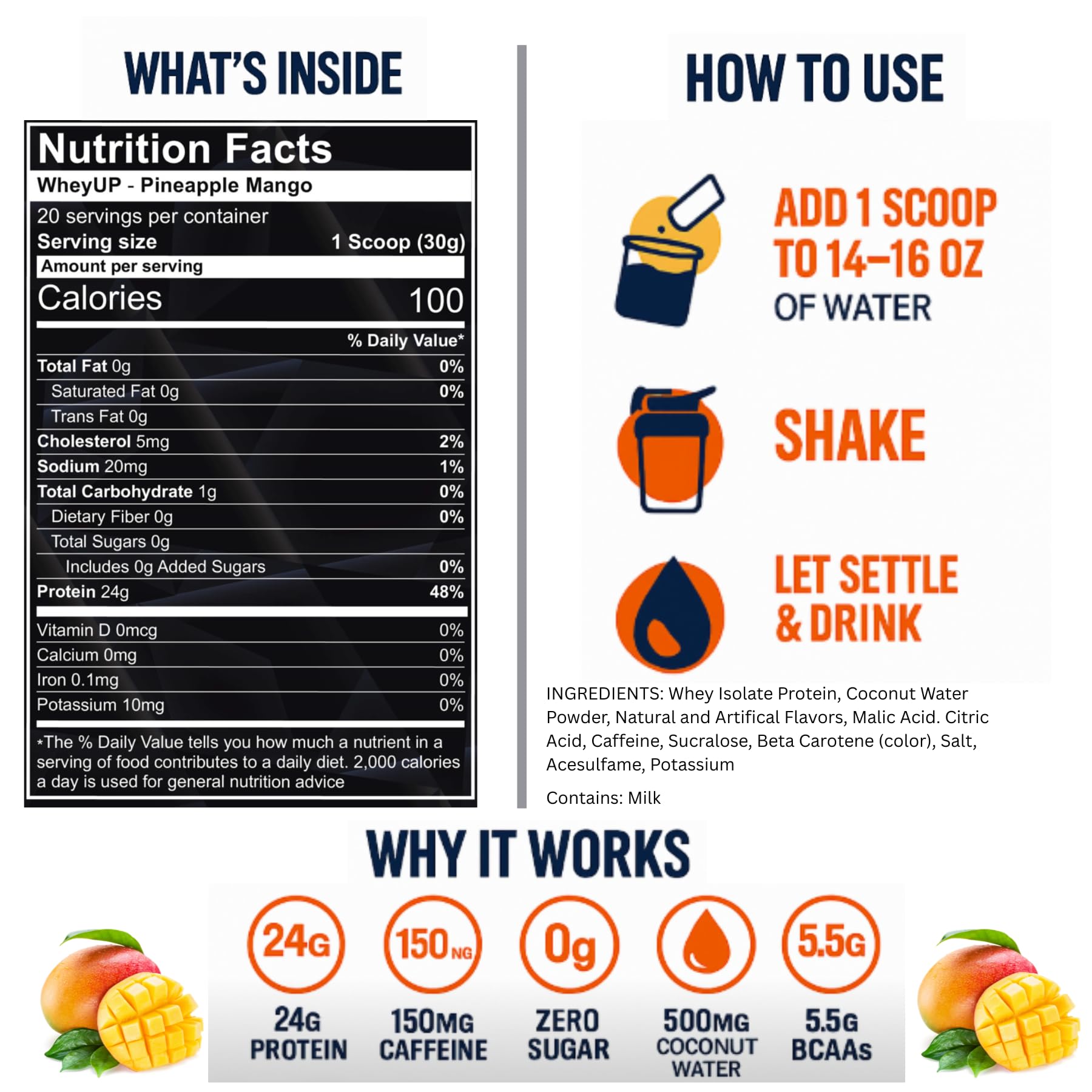 Caféine naturelle 150 mg dans WheyUP Clear Whey Isolate pour concentration et énergie mesurée.