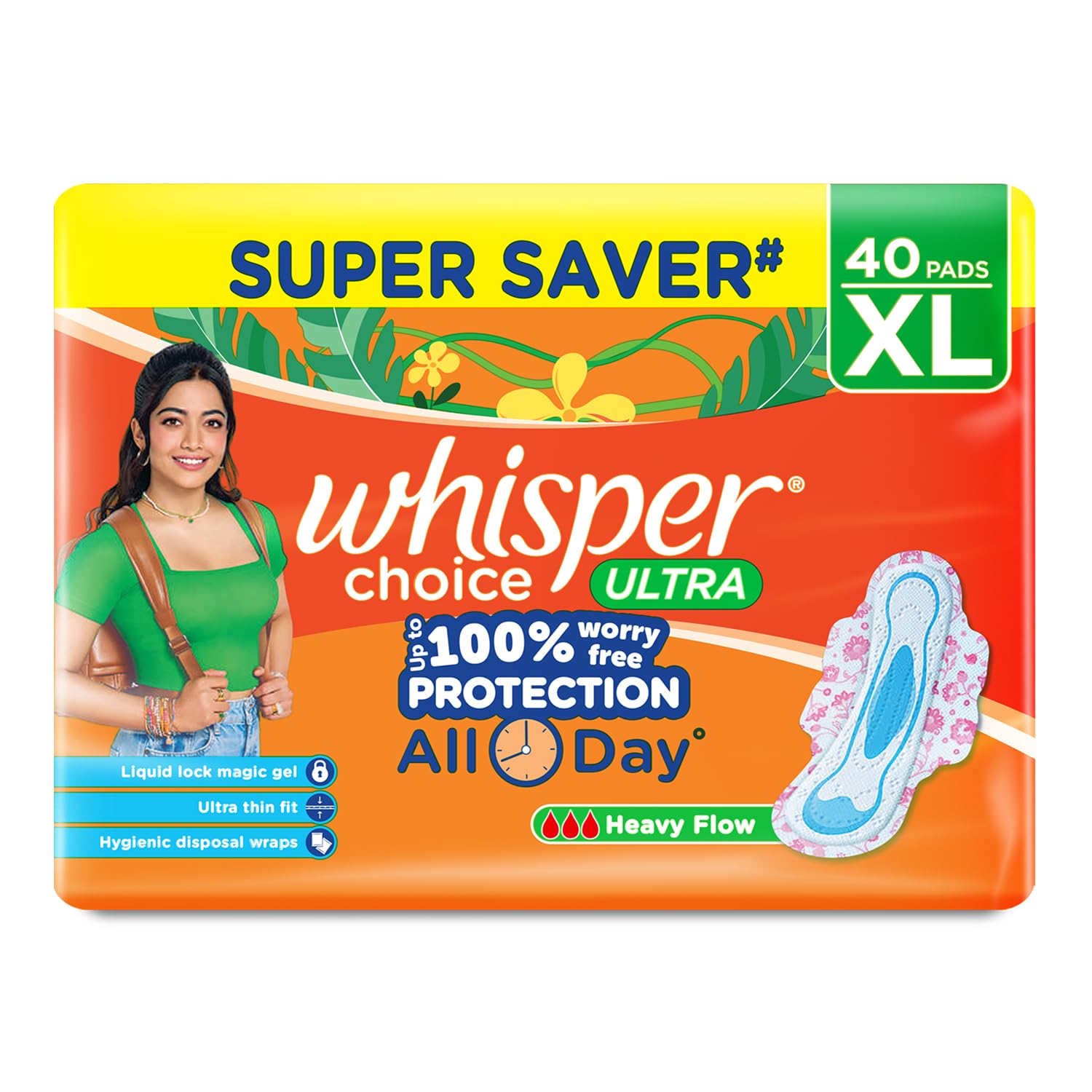 Whisper Choice serviettes hygiéniques ailées XL 40, protection fiable au quotidien.