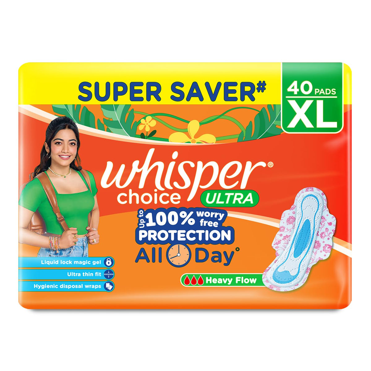 Whisper Choice serviettes hygiéniques ailées XL 40, protection fiable au quotidien.