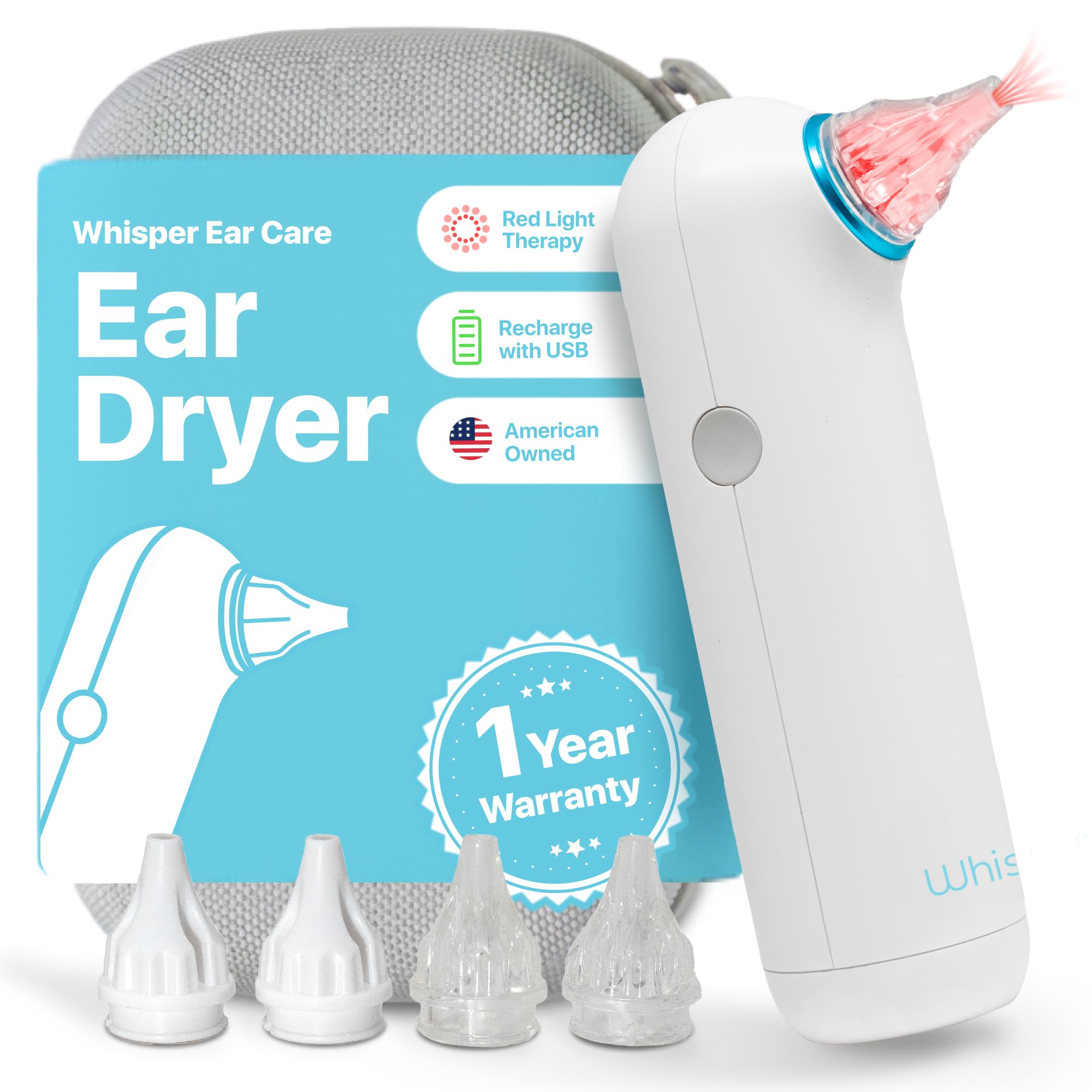 Whisper Ear Dryer vue avant, appareil compact et facile à prendre en main après la baignade.