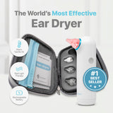 Whisper Ear Dryer, bouton unique en action, utilisation simple et rapide après la douche.