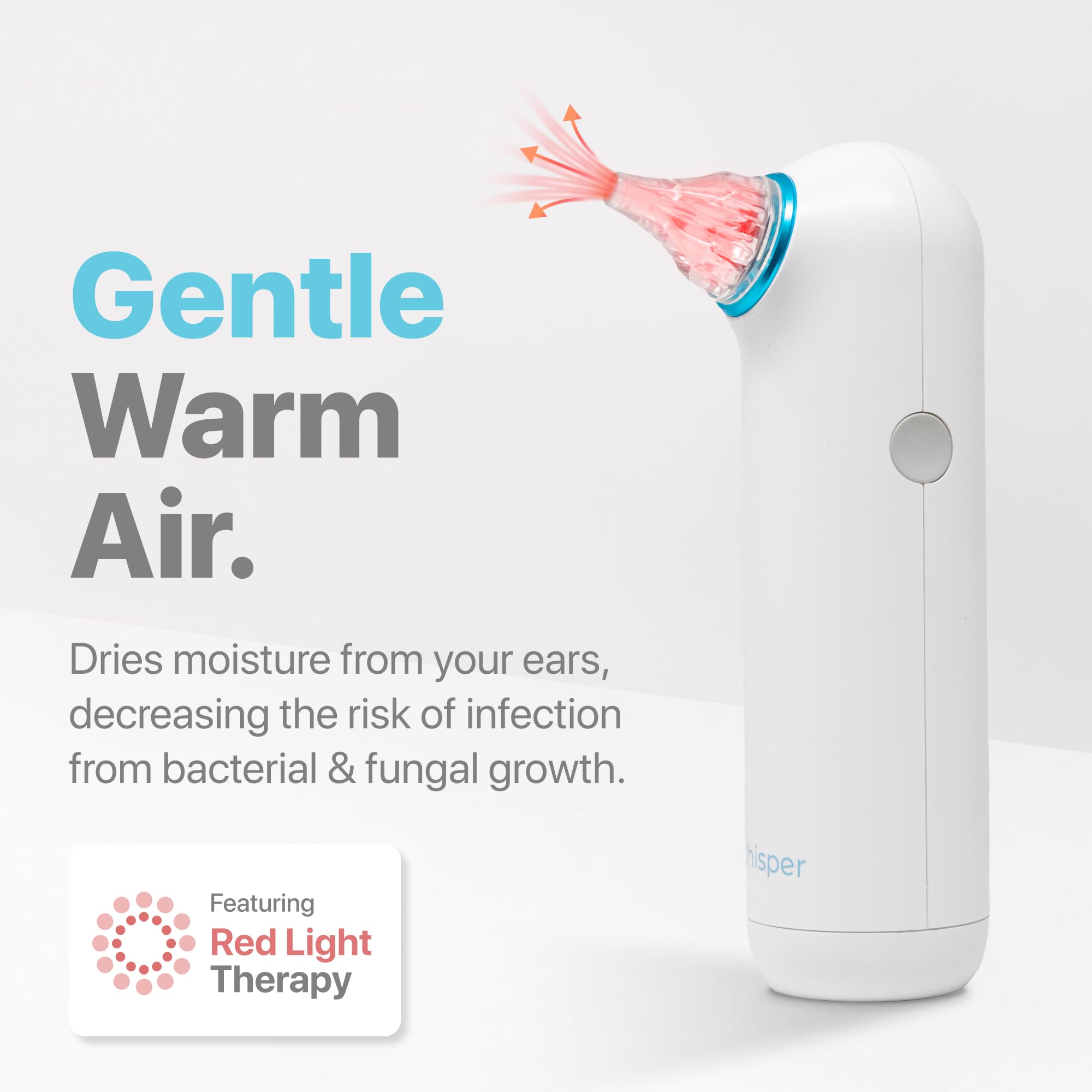 Whisper Ear Dryer avec lumière rouge activée, expérience de soin légère.