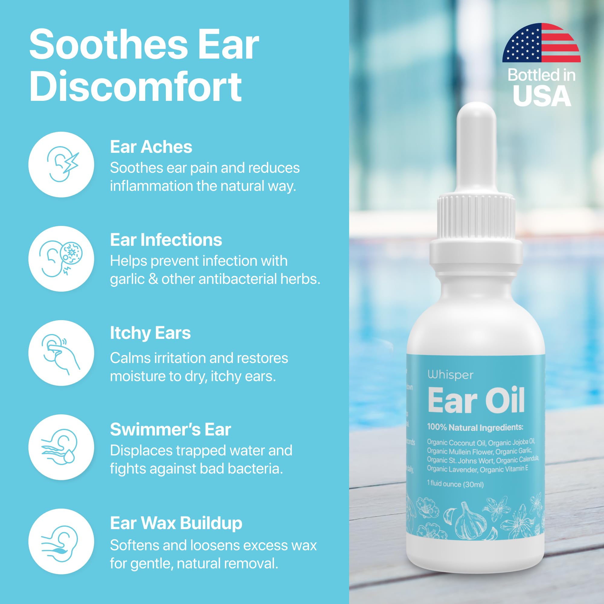 Whisper Ingrédients Bio — huile naturelle et herbes soigneuses pour oreilles