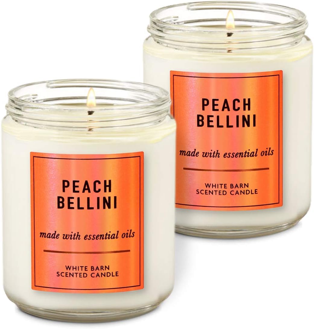 Bougie White Barn Peach Bellini à mèche simple, parfum durable pour le salon.
