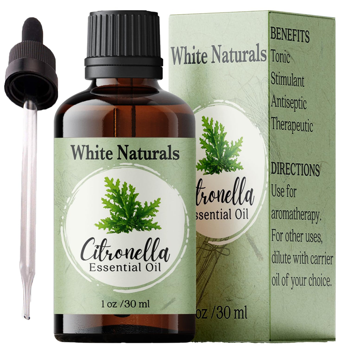 White Naturals Citronnelle en flacon ambré, diffusion aromatique durable.