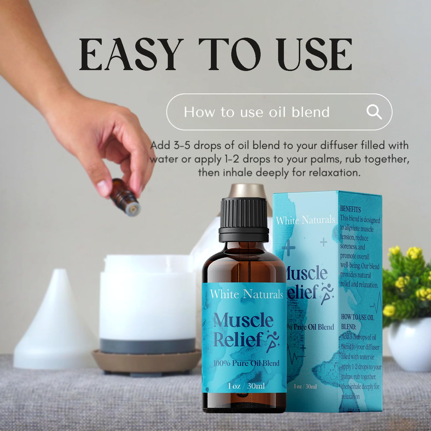 White Naturals Muscle Relief est montré avec diffuseur aromathérapie offrant relaxation.