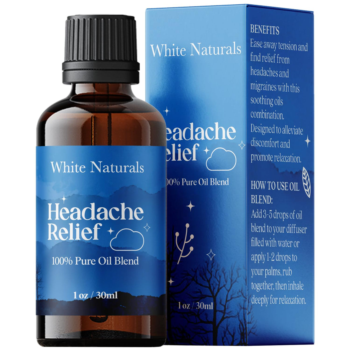 White Naturals Headache Relief: bouteille ambrée pour diffusion apaisante et pratique.