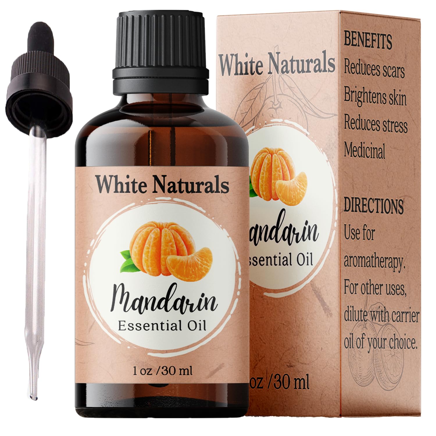 White Naturals mandarine – bouteille d'huile essentielle pour diffusion aromathérapeutique fruitée.