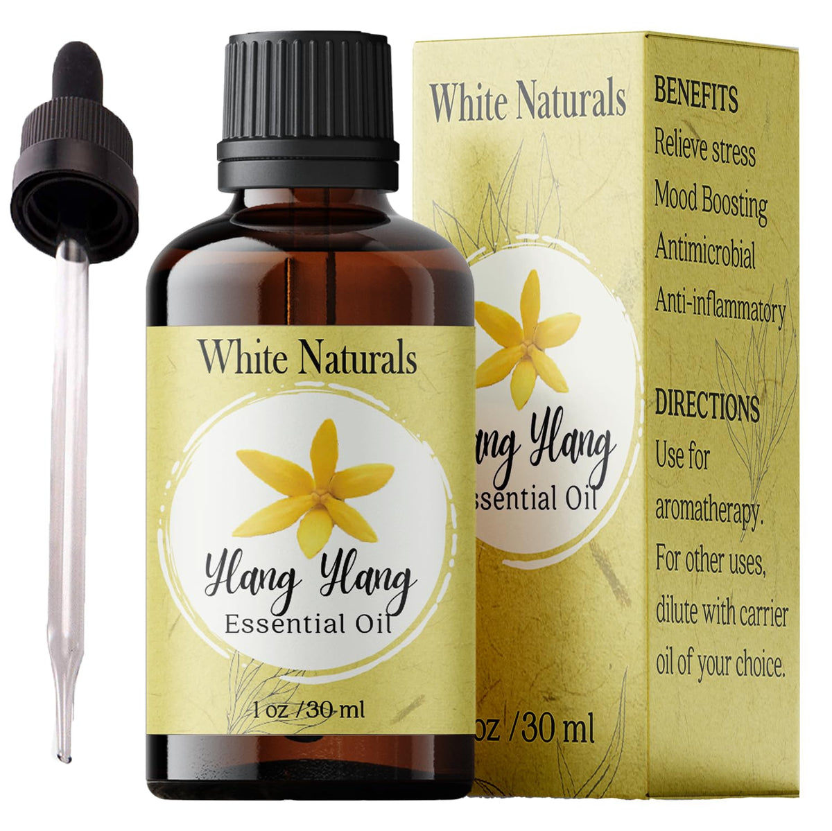 White Naturals huile essentielle Ylang-Ylang, bouteille avec pompe en verre, parfume l'atmosphère