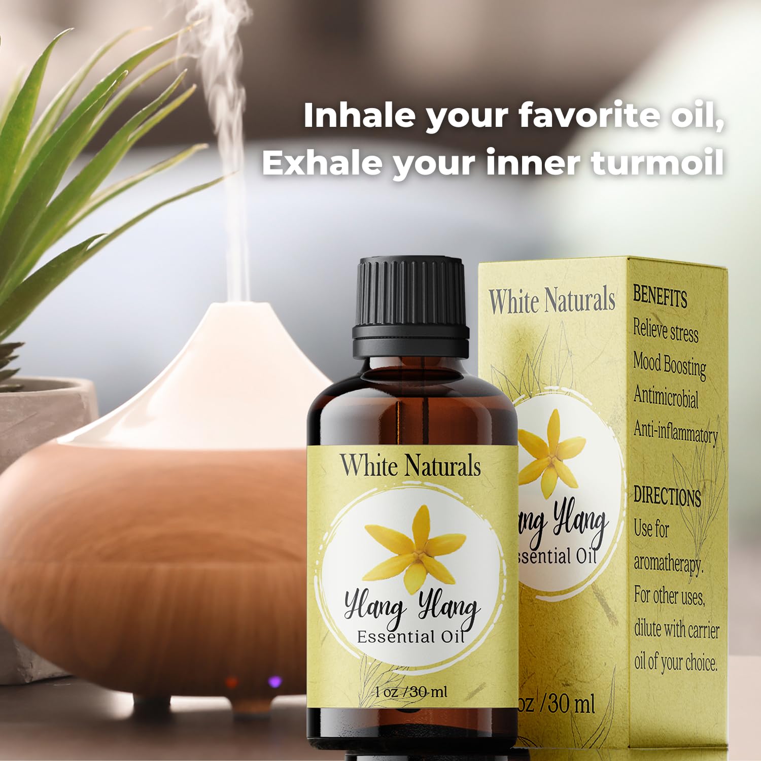 White Naturals huile essentielle Ylang-Ylang, soin peau et cheveux après dilution