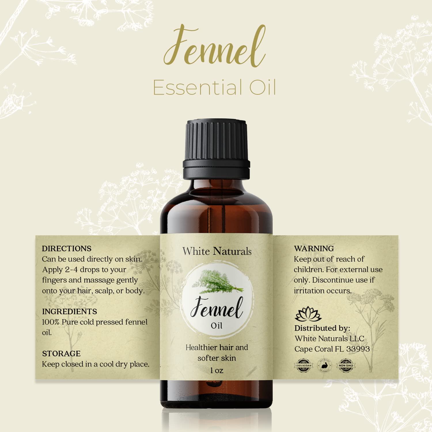 White Naturals huile fenouil pure et végan sans additifs.