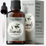 White Naturals Organic Niaouli, bouteille ambrée avec dropper pour diffusion rafraîchissante.