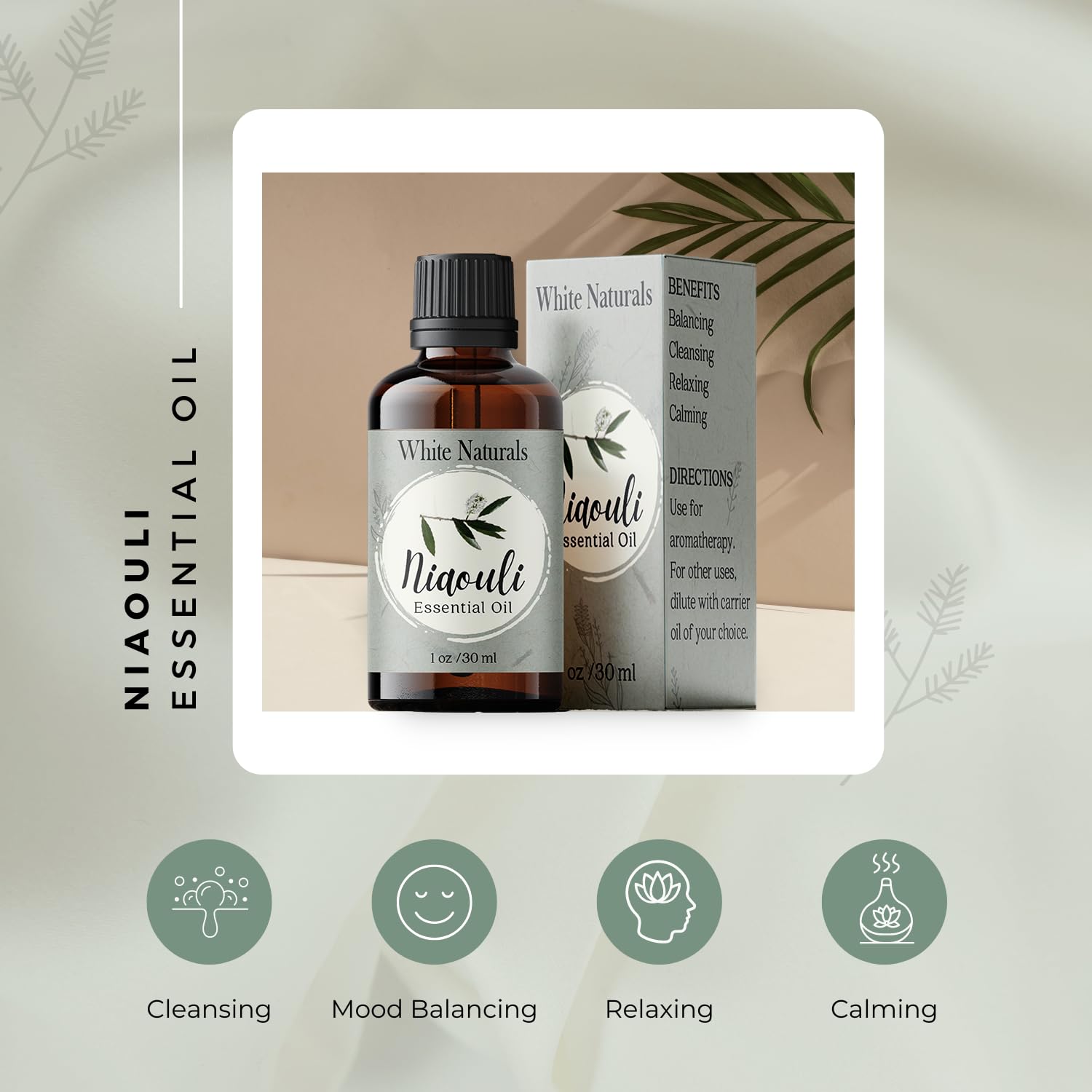 White Naturals Organic Niaouli, flacon gouttes idéal pour diffusion et ambiance claire.