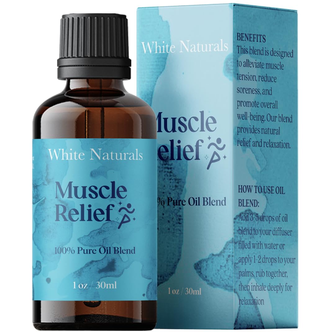 White Naturals Muscle Relief : flacon ambré prêt à soulager les muscles après effort.