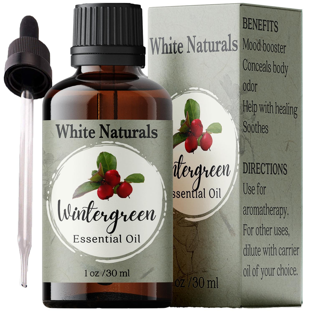 White Naturals Wintergreen-bouteille-ambre protège l'huile et prolonge l'arôme.