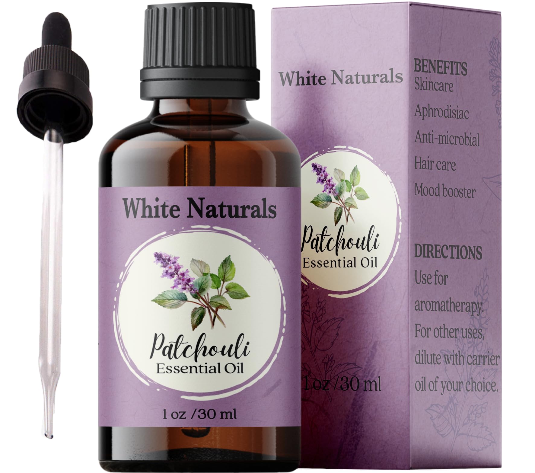 White Naturals Patchouli, bouteille ambrée préservant pureté et arôme terreux.