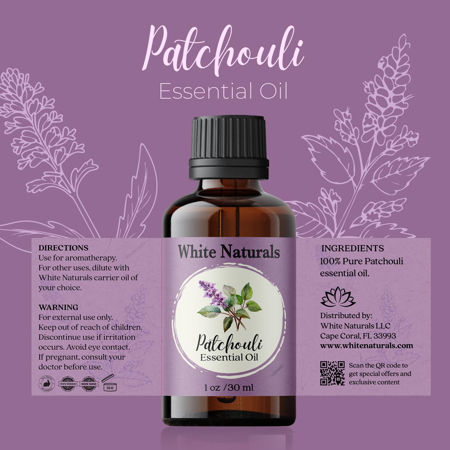 White Naturals Patchouli, pipette pratique pour dosages précis.