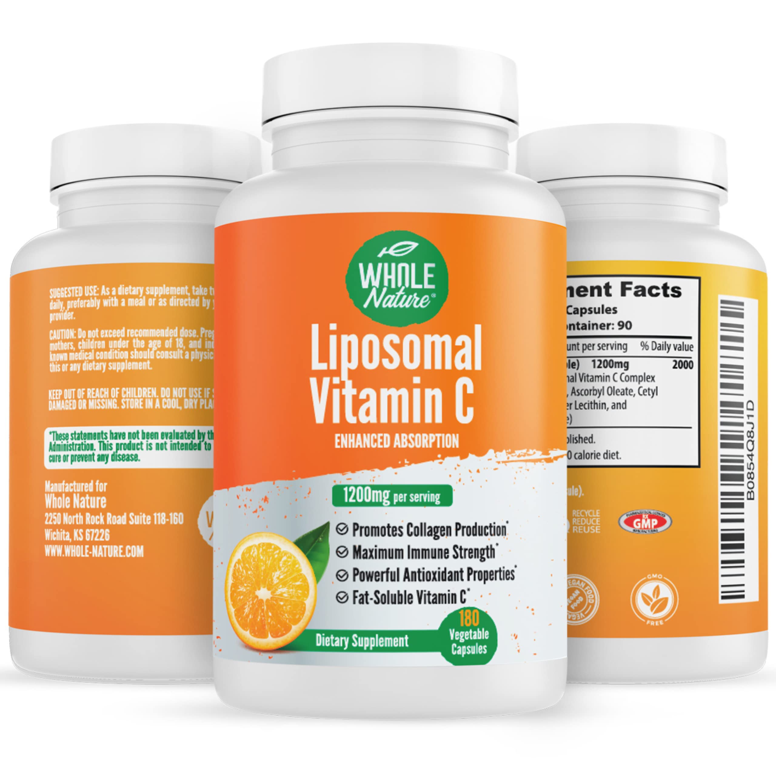 Bouteille centrale avec le visuel de la vitamine C liposomale.