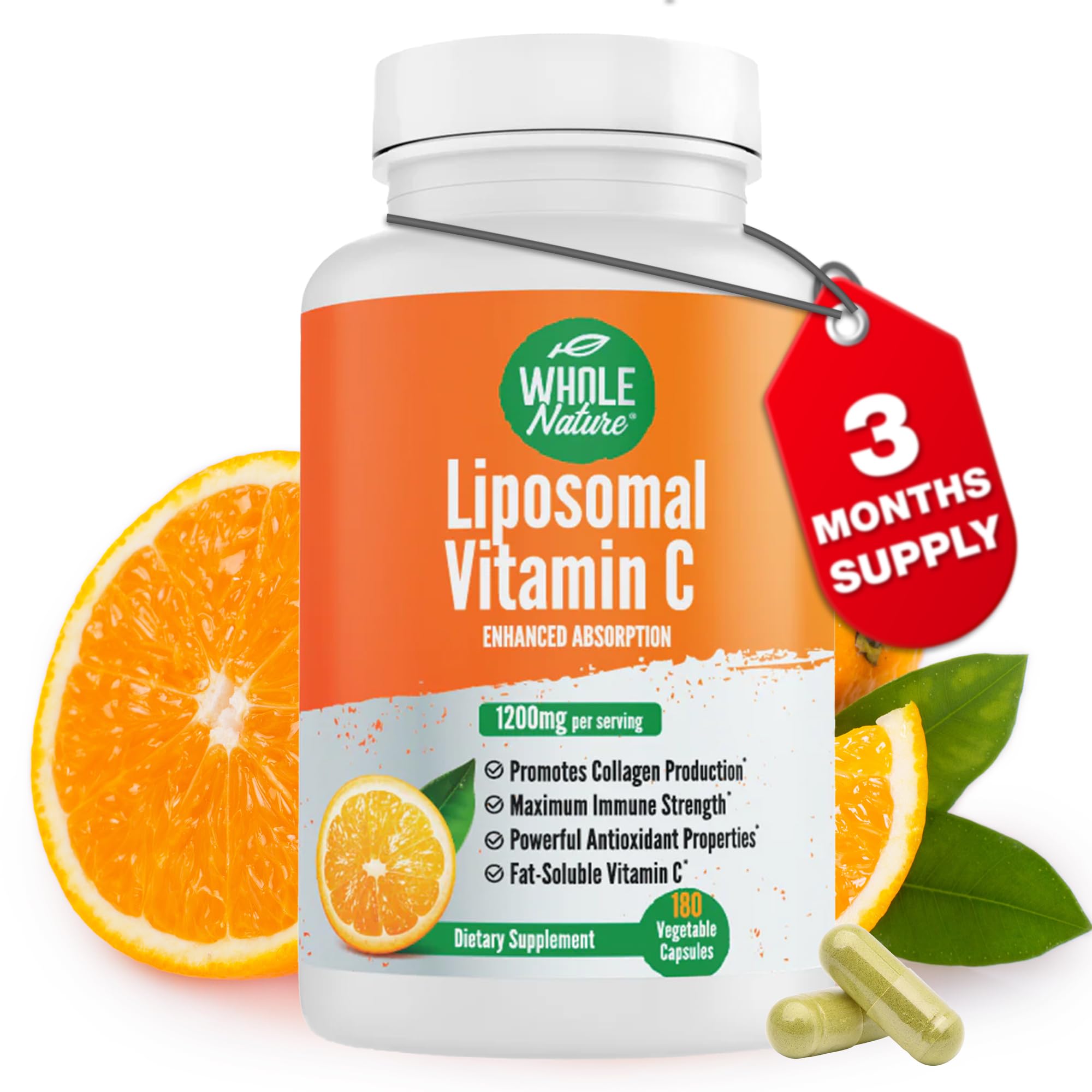 Whole Nature Vitamine C liposomale 1200 mg, capsules végétales dans la bouteille, soutien potentiel immunitaire.