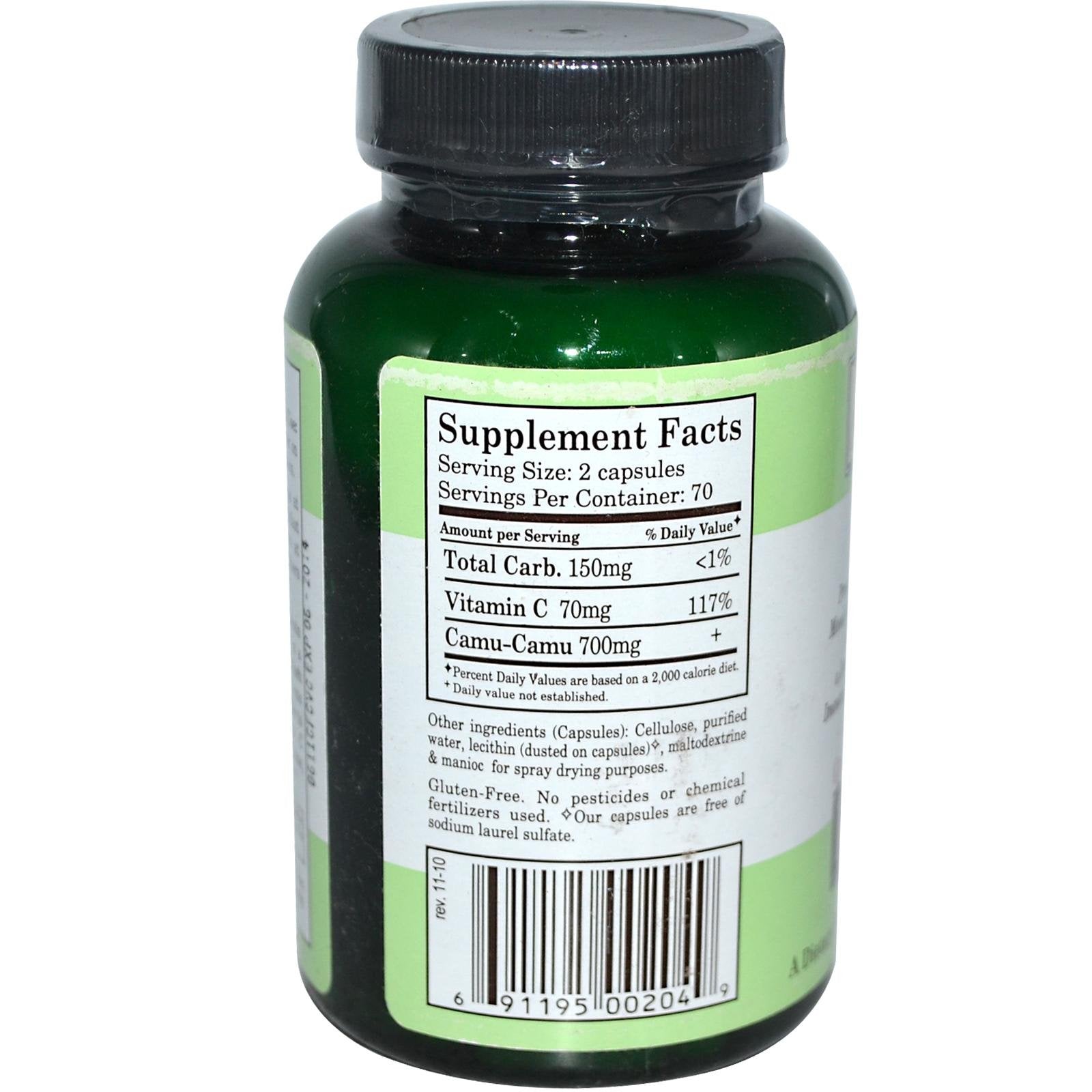 Étiquette et bouteille Royal Camu, favorisant une routine simple de bien-être avec vitamine C naturelle.