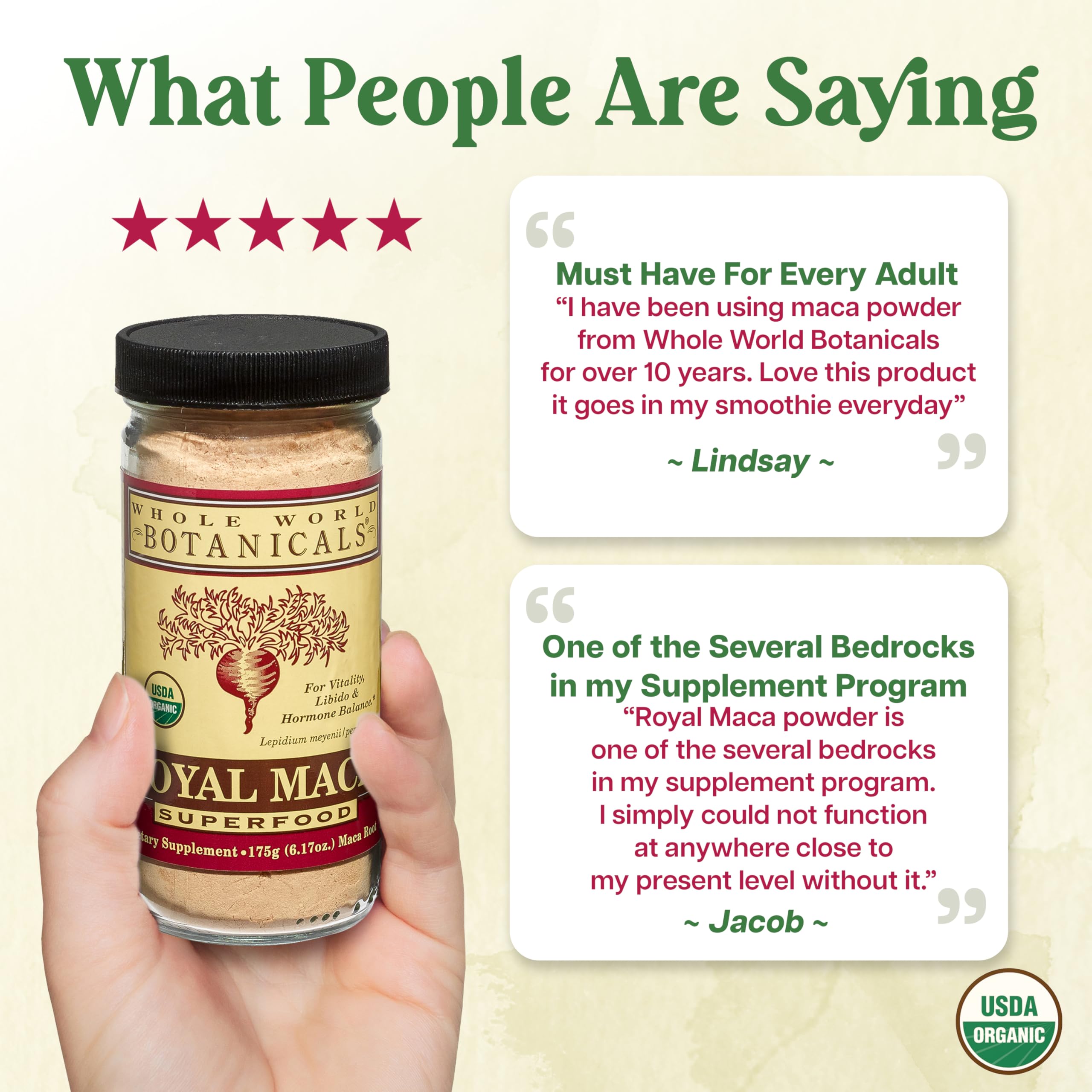 Royal Maca Poudre Whole World Botanicals, boîte de 175 g pratique et durable.