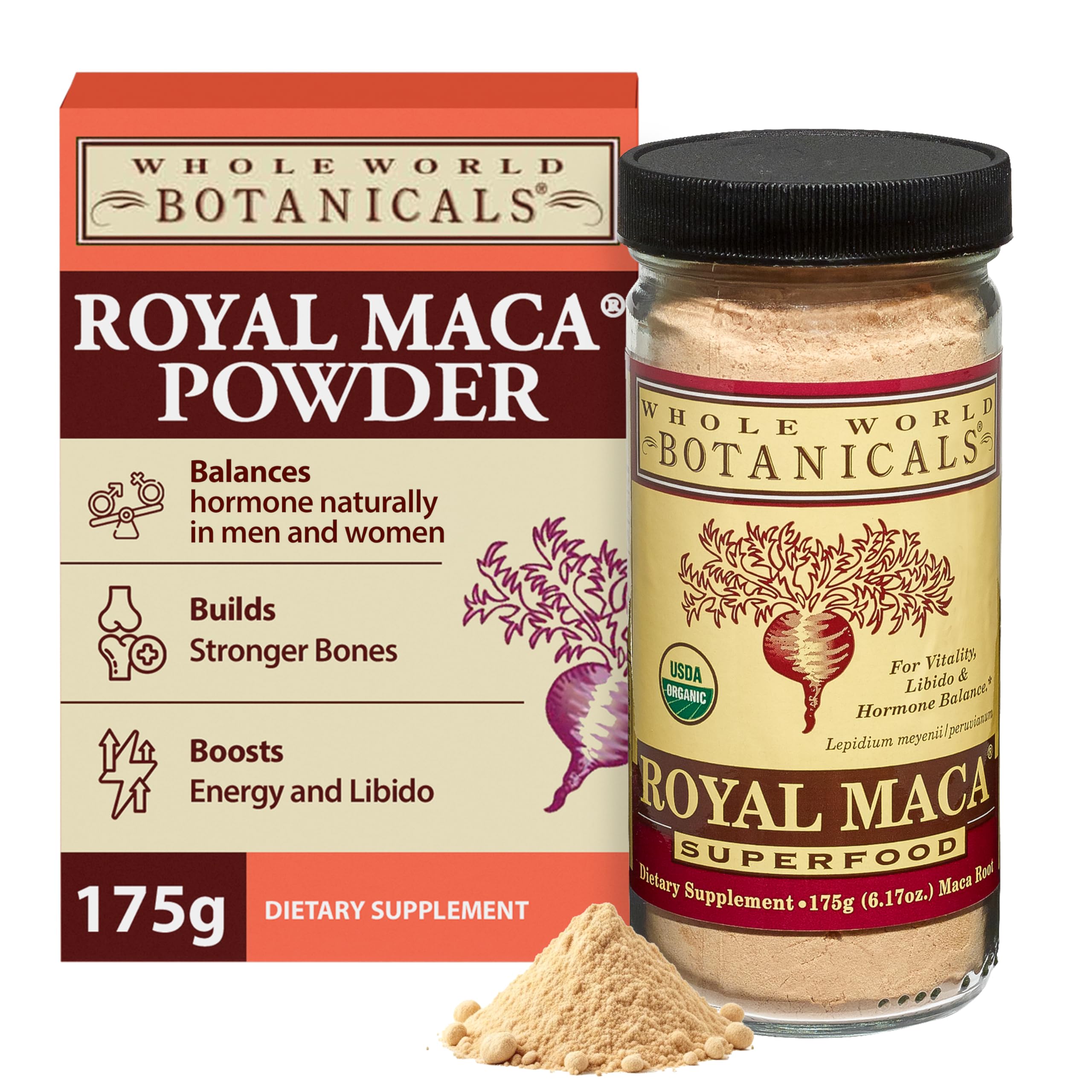 Royal Maca Poudre de Whole World Botanicals, emballage pratique prêt à ranger.