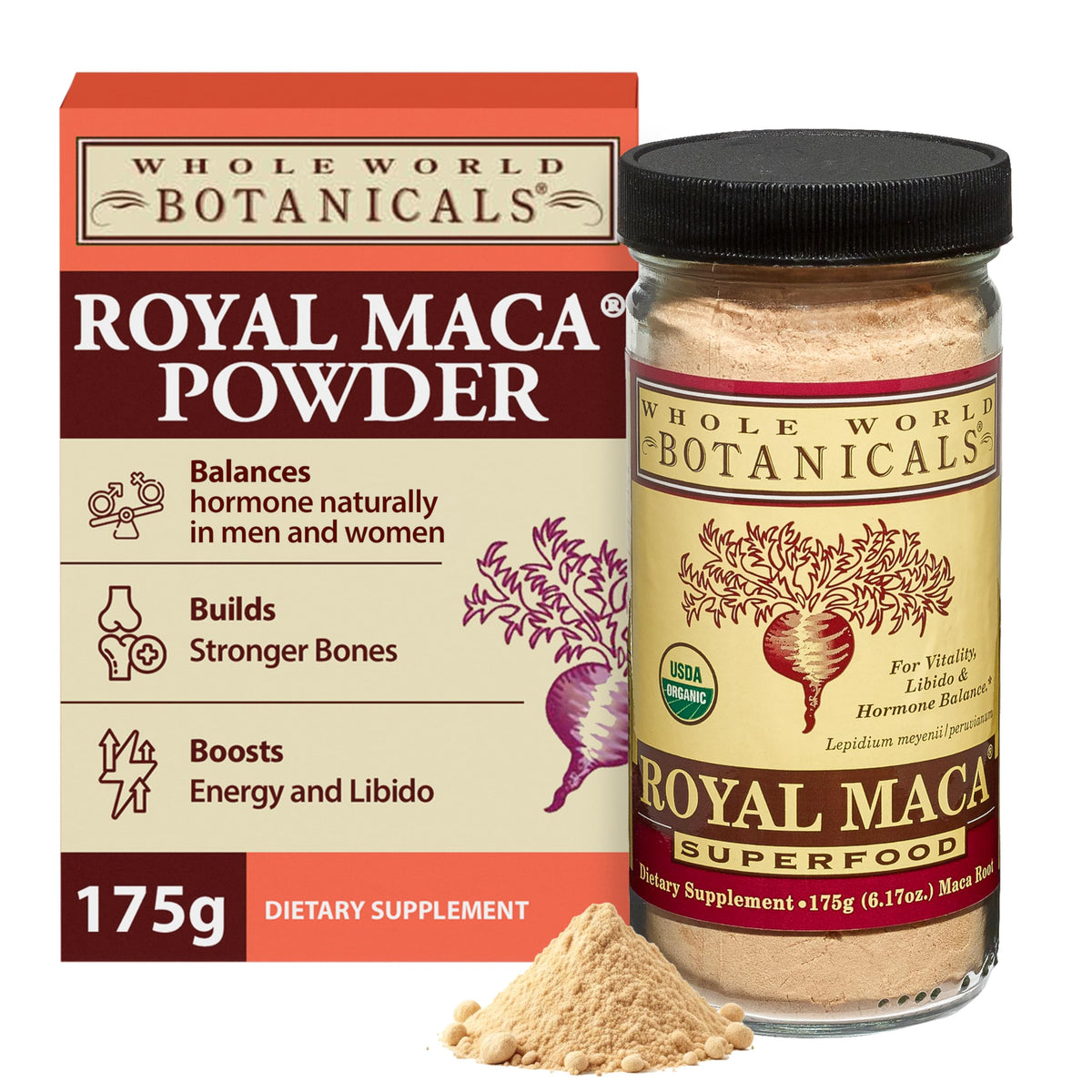 Royal Maca Poudre de Whole World Botanicals, emballage pratique prêt à ranger.