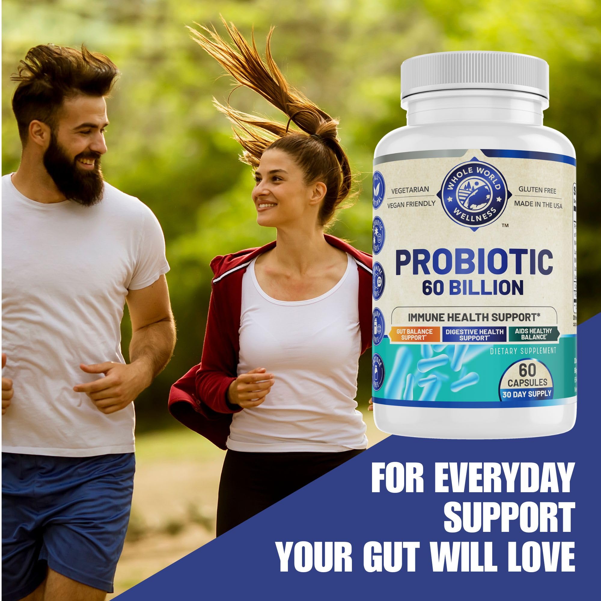 Capsules Whole World Wellness: probiotiques pour l'immunité et la flore intestinale.