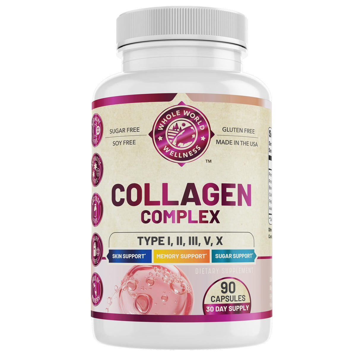 WHOLE WORLD WELLNESS Collagen Complex - Bouteille, soutien quotidien pour peau et cheveux.