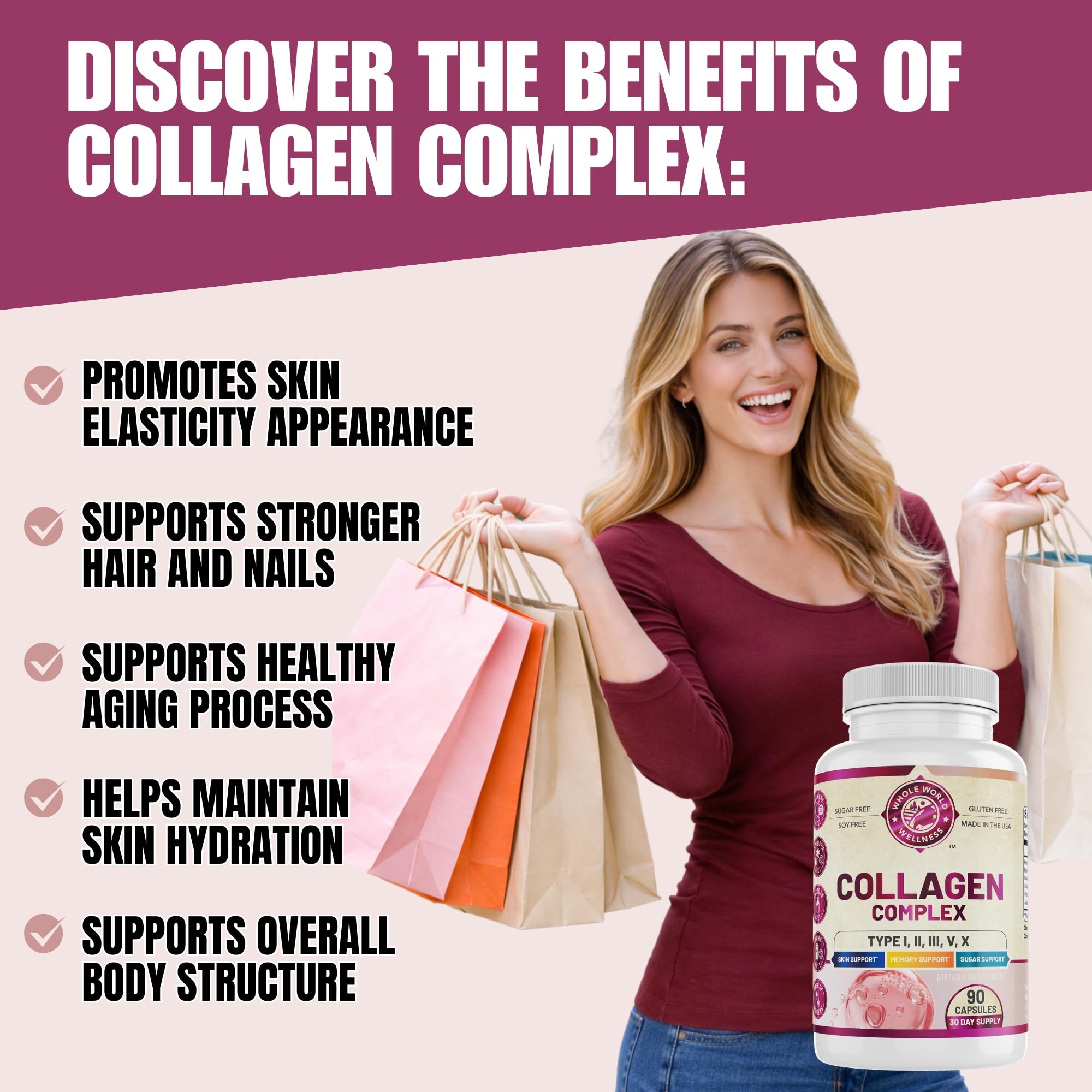 WHOLE WORLD WELLNESS Collagen Complex - Etiquette, informations claires sur les types de collagène.