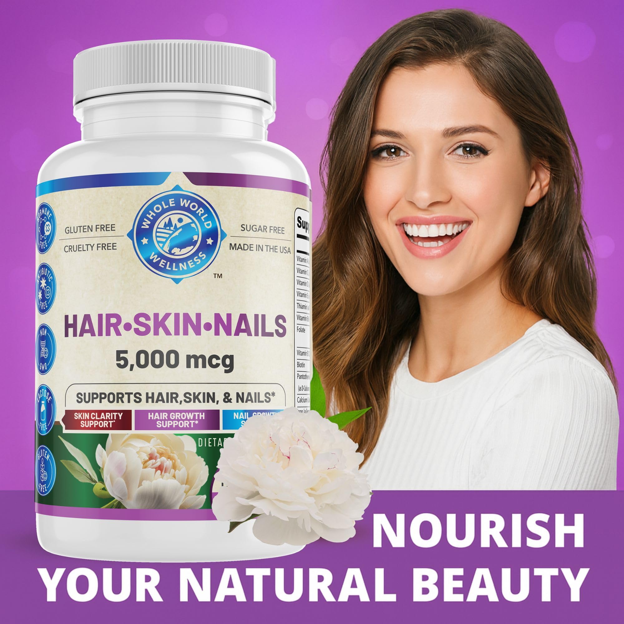 Etiquetage WHOLE WORLD WELLNESS, formule végétalienne sans gluten, option naturelle pour la peau.