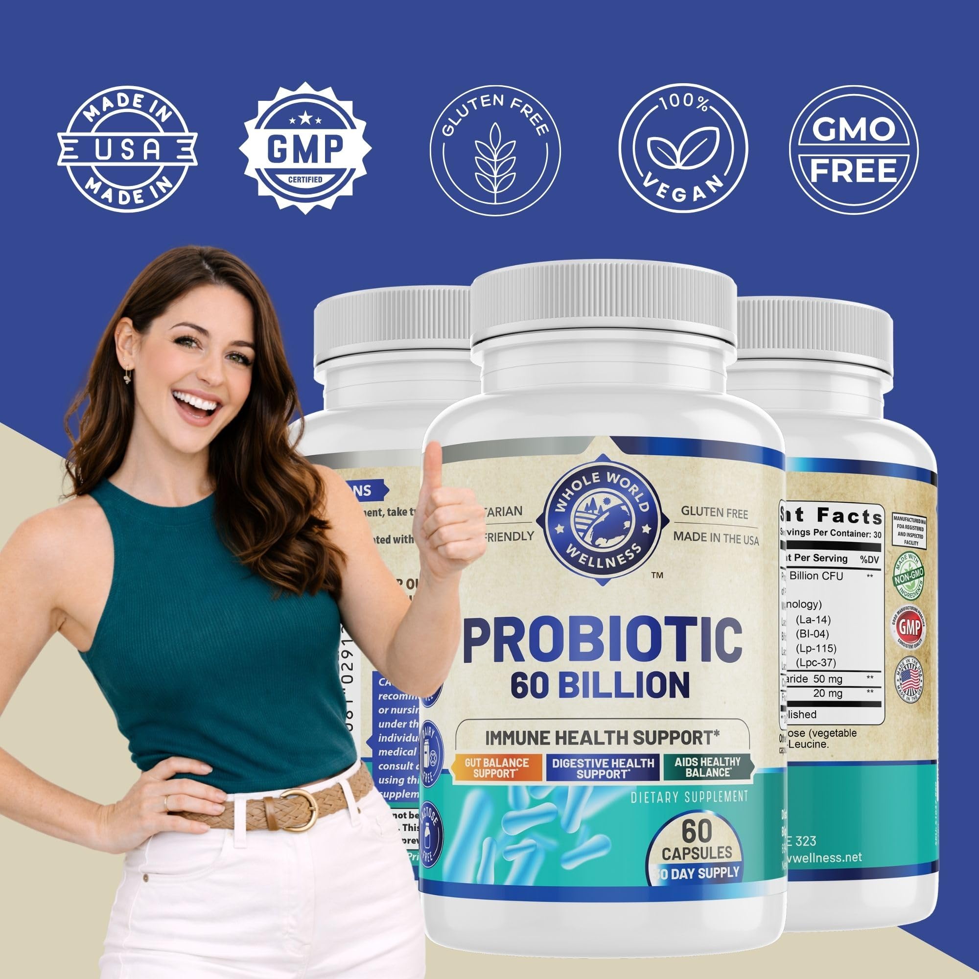 Ingrédients naturels et sans allergènes: probiotiques Whole World Wellness purs.